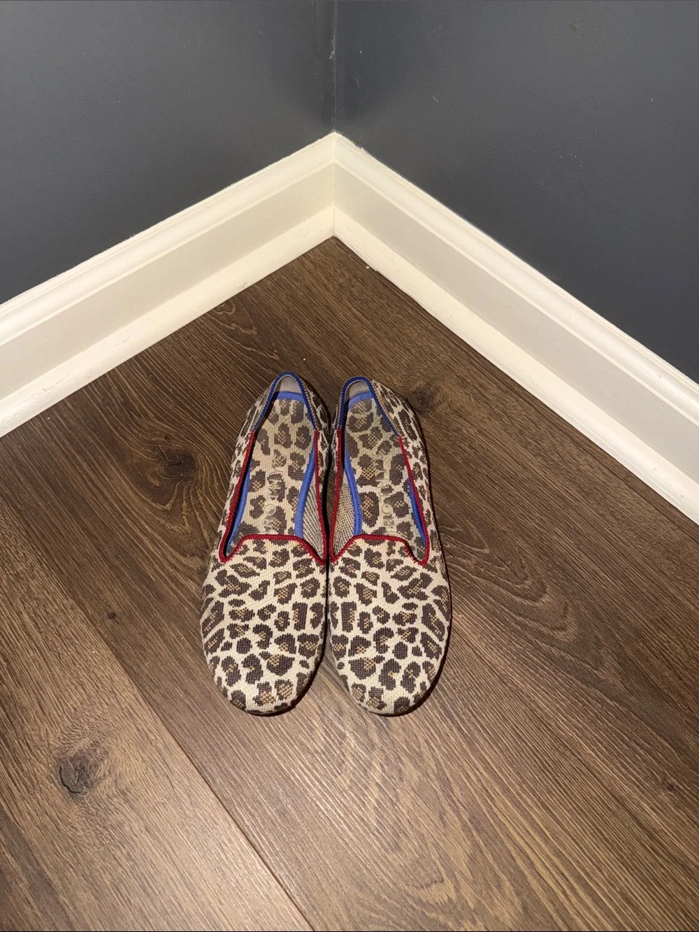 Rothy's Leopard-Print Slip-On Flats with Red Piping and Blue Trim - Picture 1 of 2